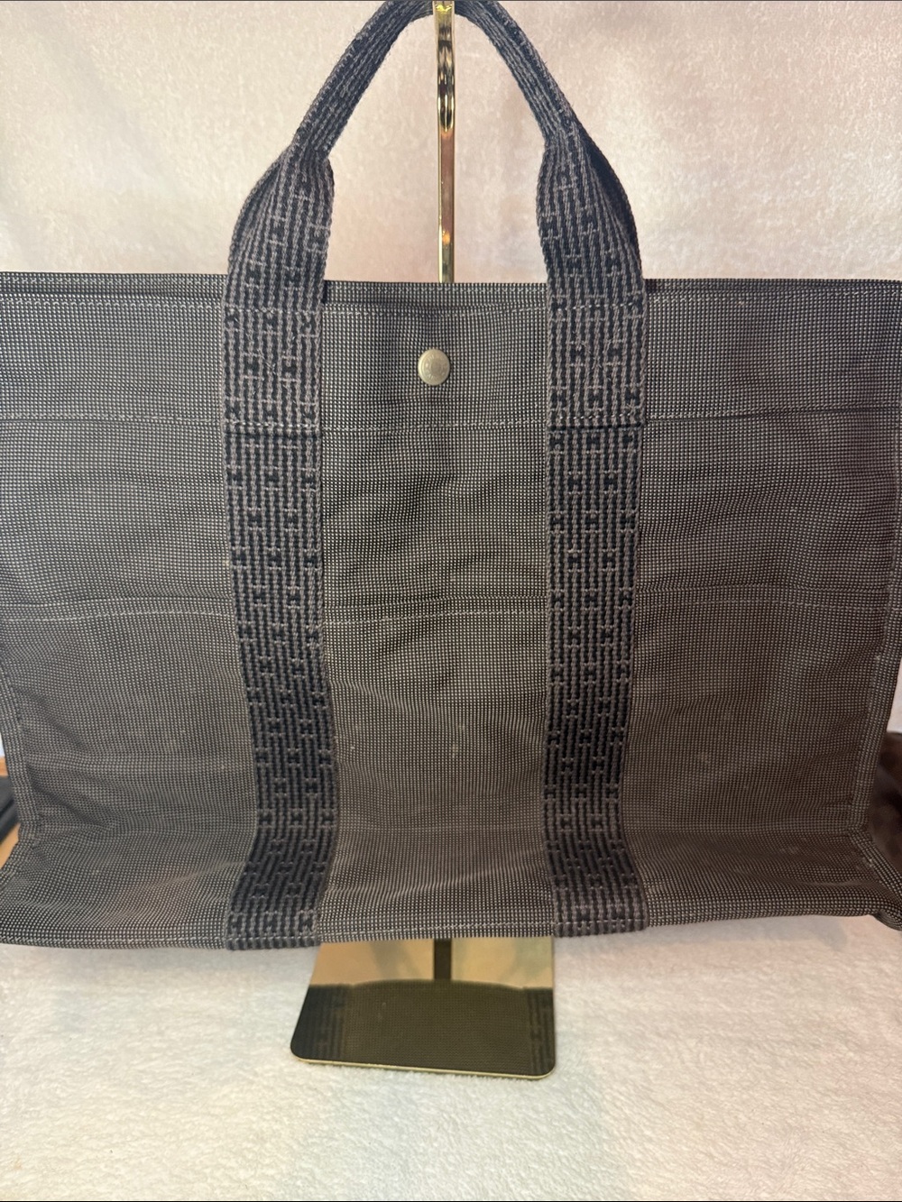 HERMÉS Herline Gray Canvas Tote Bag